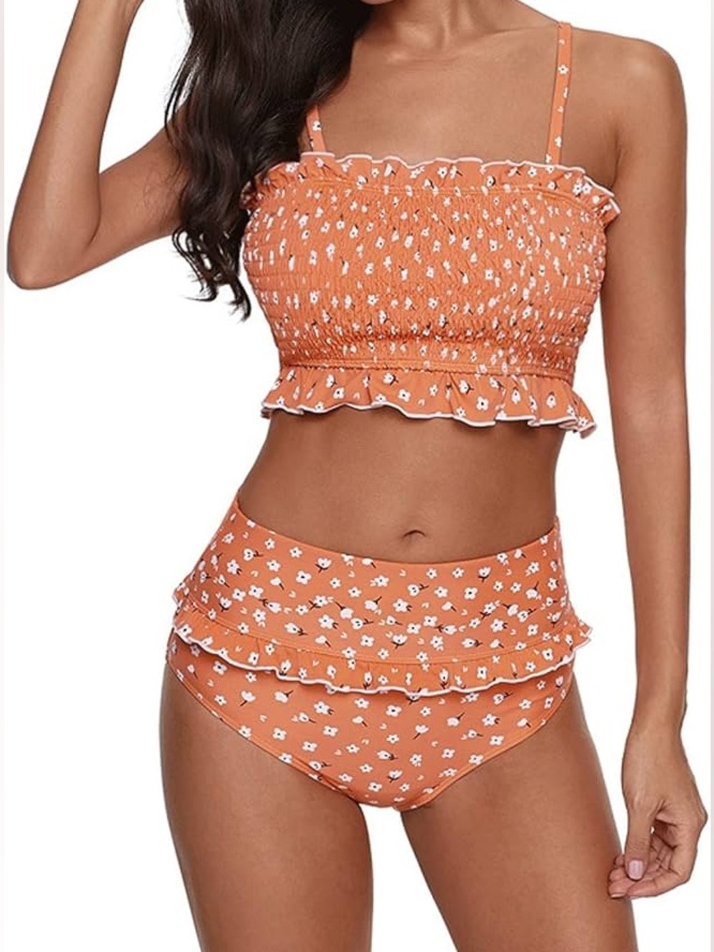 ZESICA Floral Smocked Ruffle 2 Piece Bikini Swimsuit**